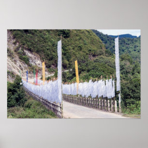Brug met boeddhistische gebedsbanieren - Bhutan Poster