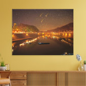 Brug op Tiber 's nachts met boten en sterren Canvas Afdruk (Insitu (Woonkamer))