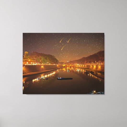 Brug op Tiber 's nachts met boten en sterren Canvas Afdruk (Voorkant)