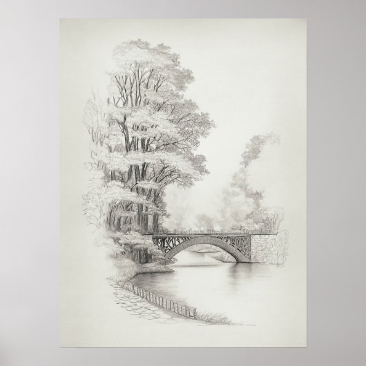Brug over de Sketch met grote bomen,  Poster (Voorkant)