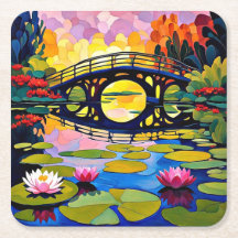Brug over vijver met waterlelies
