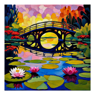 Brug over vijver met waterlelies perfect poster