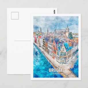 Brugge België Beroemde Reisplaats Waterverf Briefkaart