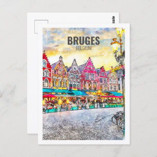 Brugge België Famous Travel Waterverf Sketch Briefkaart