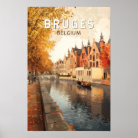 Brugge België Illustratie Reis Kunst Vintage