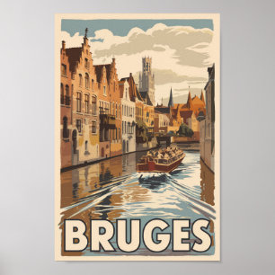 Brugge België Illustratie Reizen Kunst Vintage Poster
