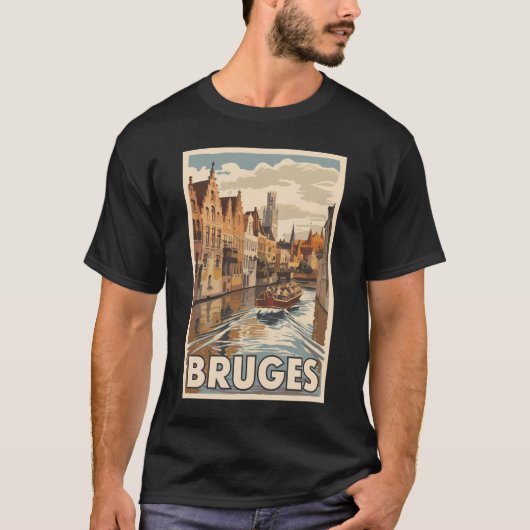 Brugge België Illustratie Reizen Kunst Vintage T-shirt (Voorkant)
