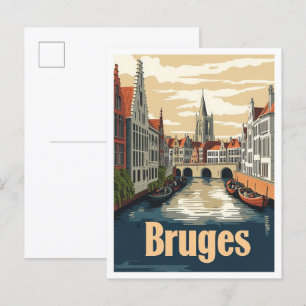 Brugge België Kunst Vintage Reizen Illustratie Briefkaart