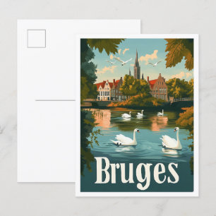 Brugge België Kunst Vintage Reizen Illustratie Briefkaart