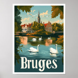 Brugge België Kunst Vintage Reizen Illustratie Poster
