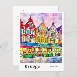 Brugge België Reizen Waterverf Hand getrokken Briefkaart