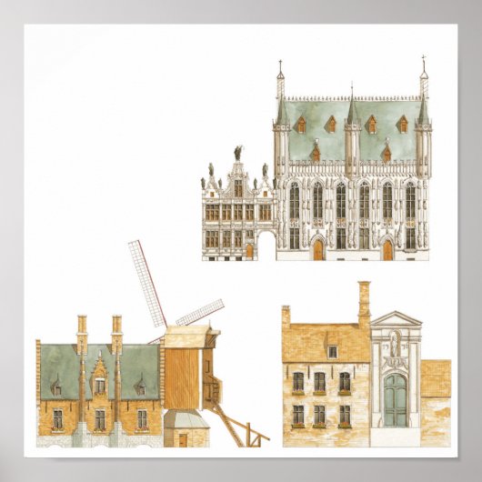 Brugge België. Stadshal en traditioneel Poster (Voorkant)