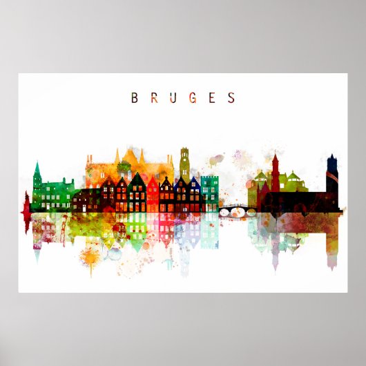 Brugge België Waterverf Skyline Poster (Voorkant)