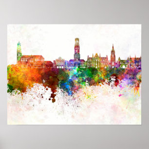 Brugge skyline op waterverf achtergrond poster