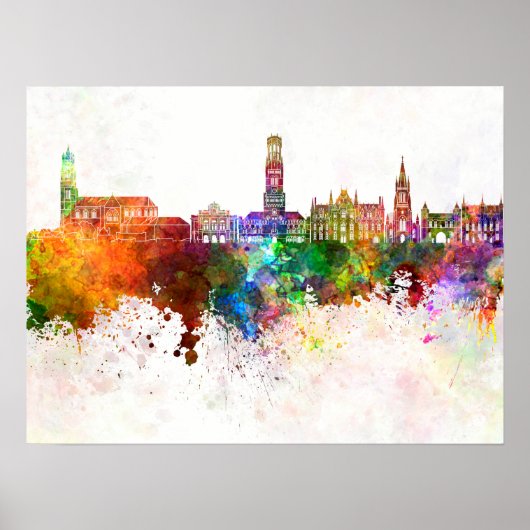 Brugge skyline op waterverf achtergrond poster (Voorkant)