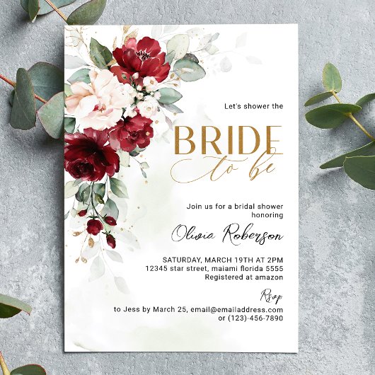 Brugundy Floral Bride als uitnodiging