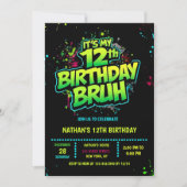Bruh 12th Birthday Boy Neon Modern Invitation Kaart (Voorkant)