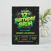 Bruh 12th Birthday Boy Neon Modern Invitation Kaart (Staand voorkant)