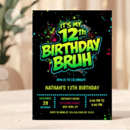 Bruh 12th Birthday Boy Neon Modern Invitation Kaart