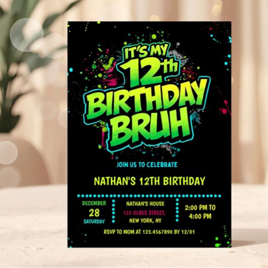 Bruh 12th Birthday Boy Neon Modern Invitation Kaart