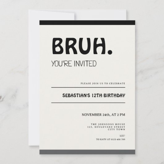 Bruh 12th Birthday Invitation Teens Boy Party Kaart (Voorkant)
