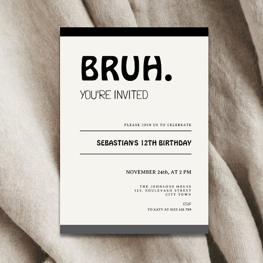 Bruh 12th Birthday Invitation Teens Boy Party Kaart