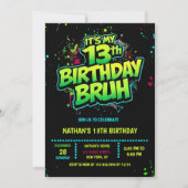 Bruh 13th Birthday Boy Neon Modern Invitation Kaart (Voorkant)
