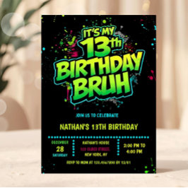 Bruh 13th Birthday Boy Neon Modern Invitation Kaart