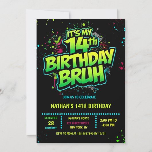 Bruh 14th Birthday Boy Neon Modern Invitation Kaart (Voorkant)