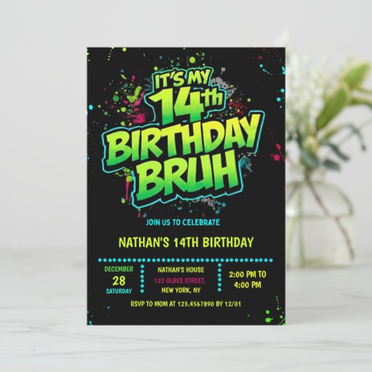 Bruh 14th Birthday Boy Neon Modern Invitation Kaart (Staand voorkant)