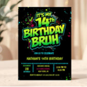 Bruh 14th Birthday Boy Neon Modern Invitation Kaart