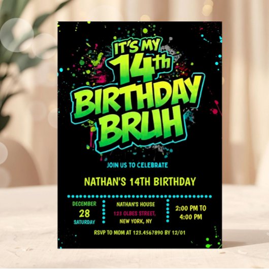 Bruh 14th Birthday Boy Neon Modern Invitation Kaart