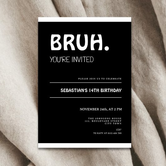 Bruh 14th Birthday Invitation Teens Boy Black Kaart