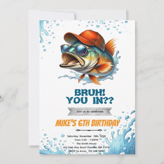 Bruh Bass Fishing Birthday Invitation Kaart (Voorkant)
