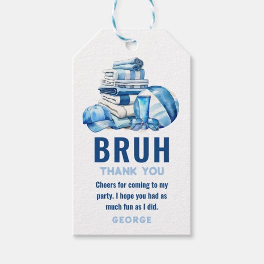 BRUH.. Blauw zwembad jongen verjaardag dank u Cadeaulabel (Voorkant)