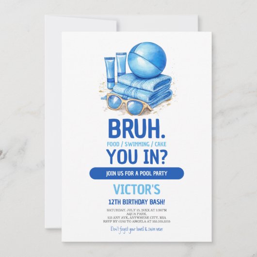 BRUH Blue Pool Party Boy Verjaardag Kaart (Voorkant)