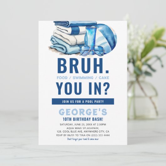 BRUH Blue Pool Party Boy Verjaardag Kaart (Staand voorkant)
