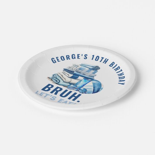 BRUH Blue Pool Party Boy Verjaardag Papieren Bordje (Gekanteld)