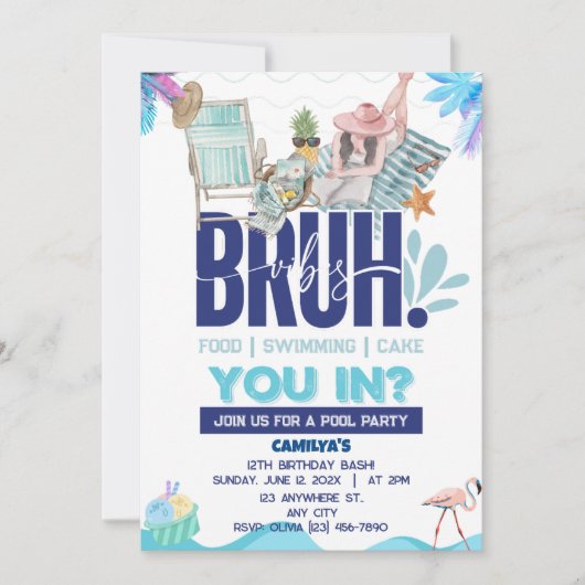 BRUH Blue Pool Party Boy Verjaardag Uitnodiging (Voorkant)