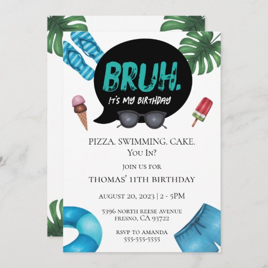 Bruh Boy Pool Party voor Teen Tween Uitnodiging (Voorkant / Achterkant)