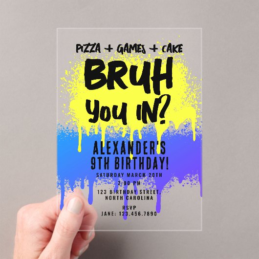 Bruh Boy's Birthday Neon Graffiti Geel Blauw Acryl Uitnodigingen (Insitu (Draagbaar))