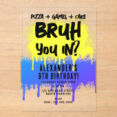 Bruh Boy's Birthday Neon Graffiti Geel Blauw Acryl Uitnodigingen (Voorkant)