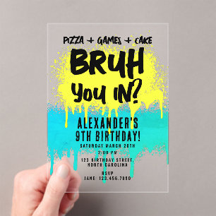 Bruh Boy's Birthday Neon Graffiti Geel Blauwgroen Acryl Uitnodigingen