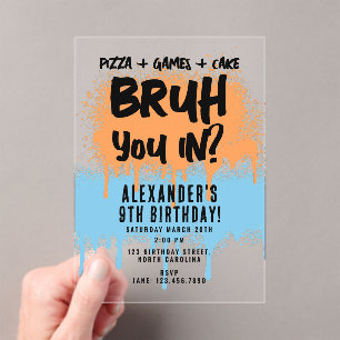 Bruh Boy's Birthday Neon Graffiti Sinaasappel Blau Acryl Uitnodigingen