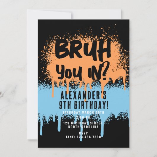 Bruh Boy's Birthday Neon Graffiti Sinaasappel Blau Kaart (Voorkant)