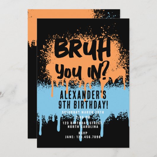 Bruh Boy's Birthday Neon Graffiti Sinaasappel Blau Kaart (Voorkant / Achterkant)