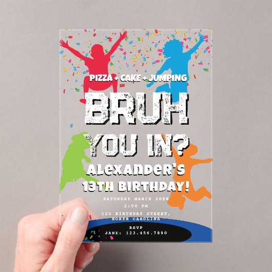 Bruh Boy's Birthday Party Teenager Jump Trampoline Acryl Uitnodigingen (Insitu (Draagbaar))