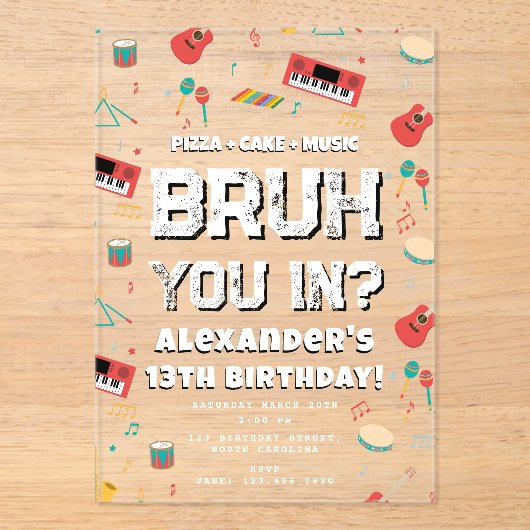Bruh Boy's Birthday Party Teenager Music Band Acryl Uitnodigingen (Voorkant)