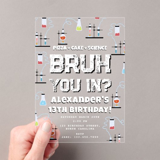 Bruh Boy's Birthday Party Teenager Science Theme Acryl Uitnodigingen (Insitu (Draagbaar))