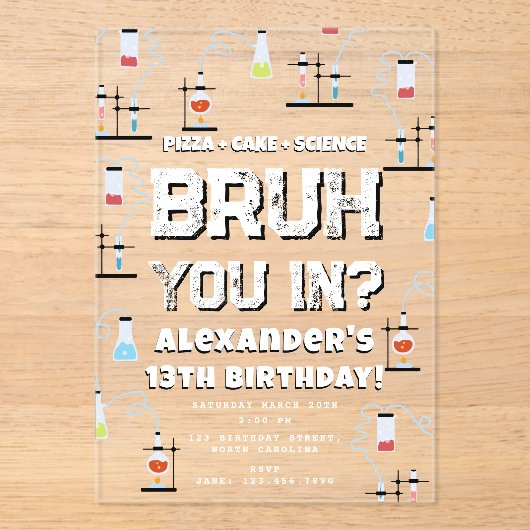 Bruh Boy's Birthday Party Teenager Science Theme Acryl Uitnodigingen (Voorkant)